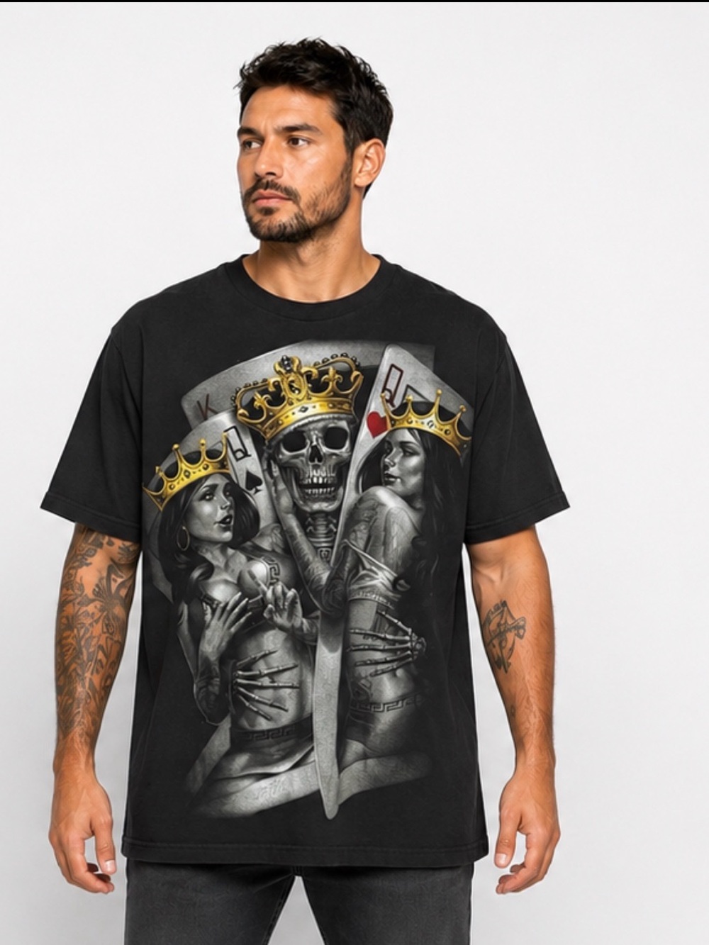 OGABEL Skull Poker King and Queen Black Cotton Graphic T-Shirt Size 2XL